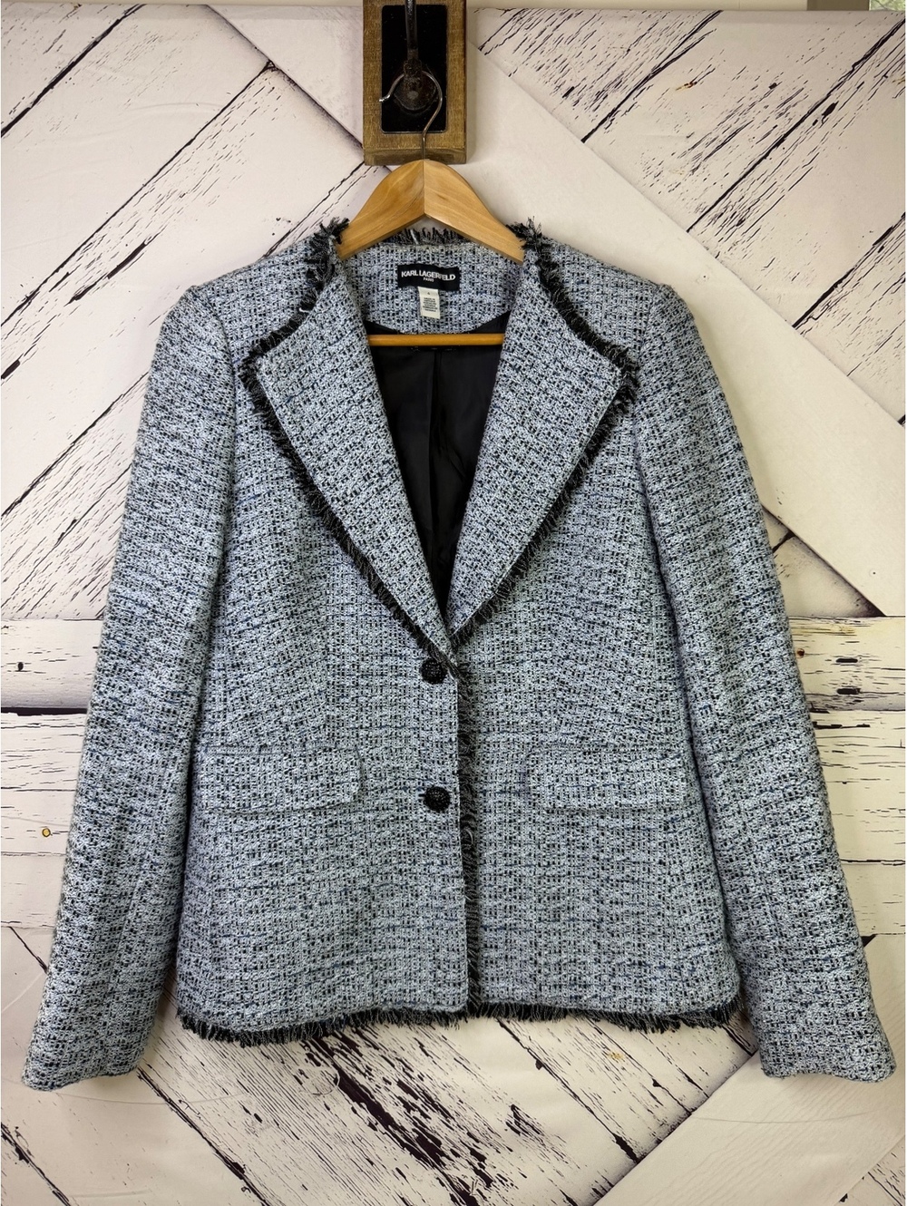 Karl Lagerfeld Short Frayed Fringe Trim Tweed Blazer Jacket Women's Small